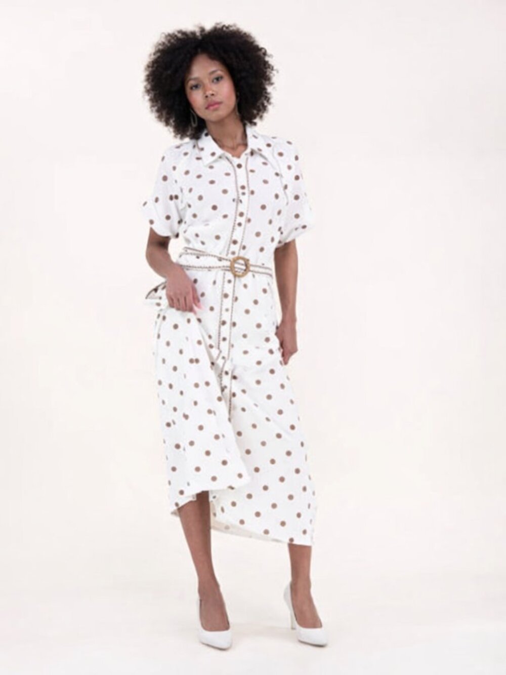 MA11. Chic Polka Dot Midi Dress with Belt – Elegant Button-Down Style